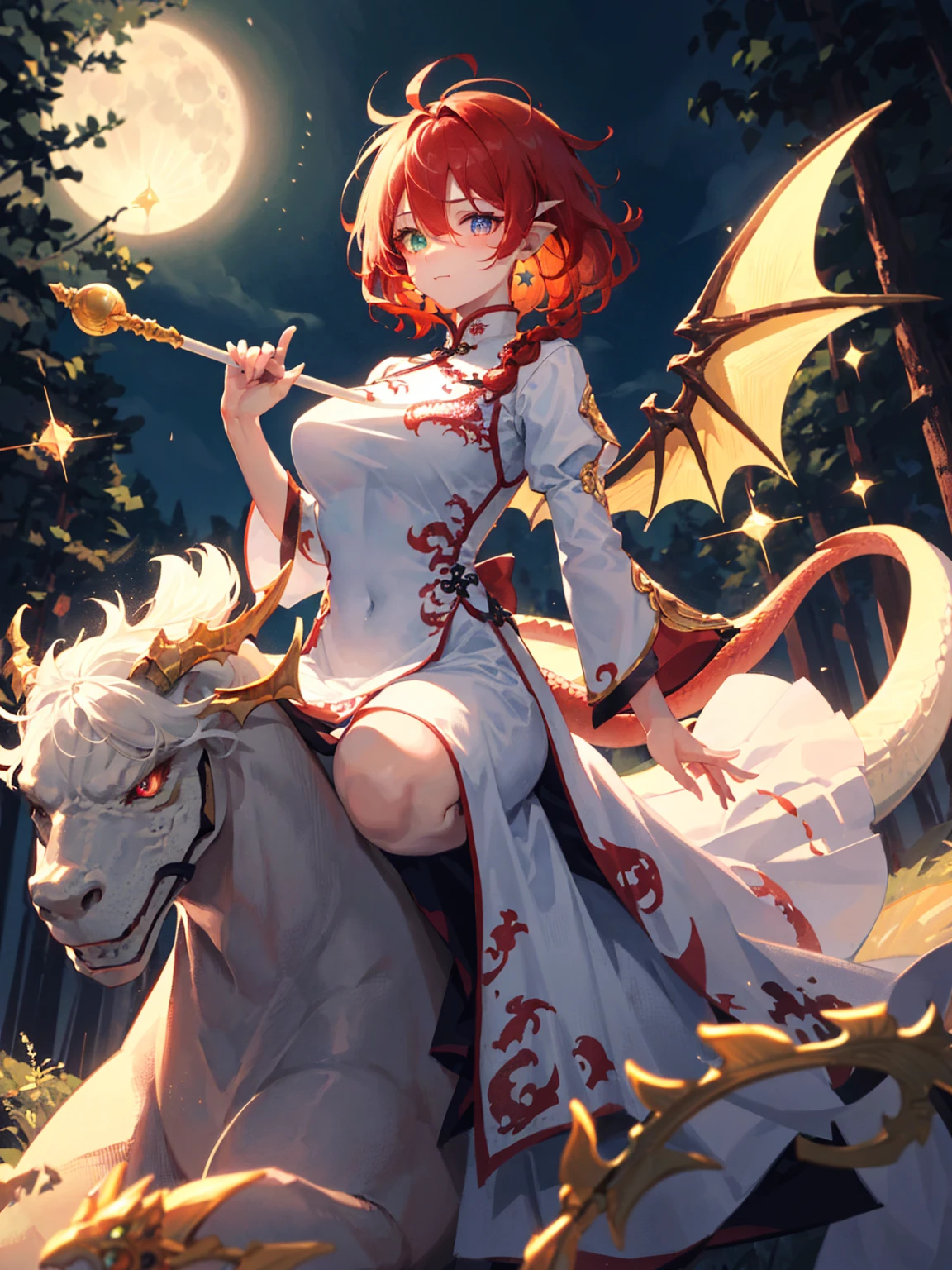 Princess (red hair, wearing a long dress, holding a magic wand), perfect breasts, round breasts, background (forest, moon), Chinese dragon (one, five-clawed golden dragon, two wings), princess riding a dragon,   golden jewelry, white and golden clothes, (golden clothes:1), (white clothes:1.3), golden ornaments, shiny silk, golden stripes clothes, detailed textures, (dragon clothes:1.3), detailed iris, sparkle eyes, star in eyes, enchanting red eyes, (multicolored eyes), (shining dust), (heterochromia), (red hair:1.3), (messy hair:1.3), (hair between eyes), (hair over one eye), (wavy hair:1.1), perfect hands, perfect fingers, perfect arms