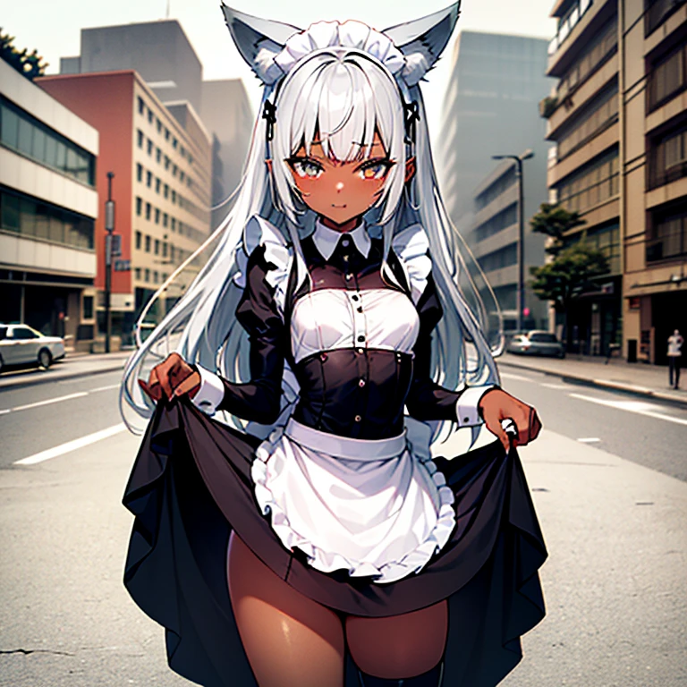 (Fox Girl, Fox Ears, Silver Hair, Fox Makeup, One Girl, Long Hair, Alone on the screen, dark skin, High definition, high resolution:1.6), (maid apron, Black and white clothes, skirt, Mechanical leg suit:1.8), (Body measurements are 75-60-75!, Young girl body, Small breasts, skirt hold, slender, muscle:1.9), Avatar, face, 色っぽいface, Dominant representation, naughty face, Uplifting, Skin Texture, outside, ruins, Ruined City, Broken Building, There are no people