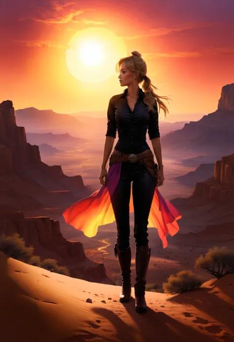 an oil painting of woman cowboy standing on the desert mountain at sunset, watching the desert canyon, an exquisite beautiful wo...