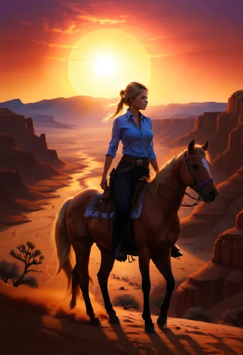 an oil painting of woman cowboy standing on the desert mountain at sunset, watching the desert canyon, an exquisite beautiful wo...