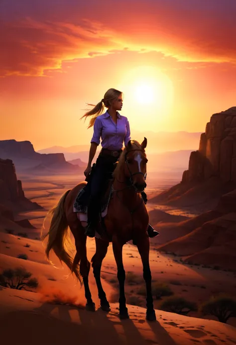 an oil painting of woman cowboy standing on the desert mountain at sunset, watching the desert canyon, an exquisite beautiful wo...