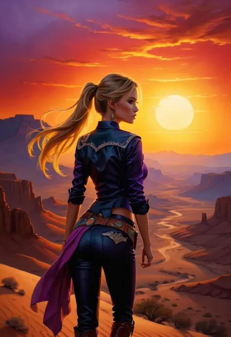 an oil painting of woman cowboy standing on the desert mountain at sunset, watching the desert canyon, an exquisite beautiful wo...