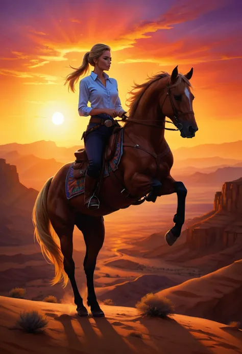 an oil painting of woman cowboy standing on the desert mountain at sunset, watching the desert canyon, an exquisite beautiful wo...