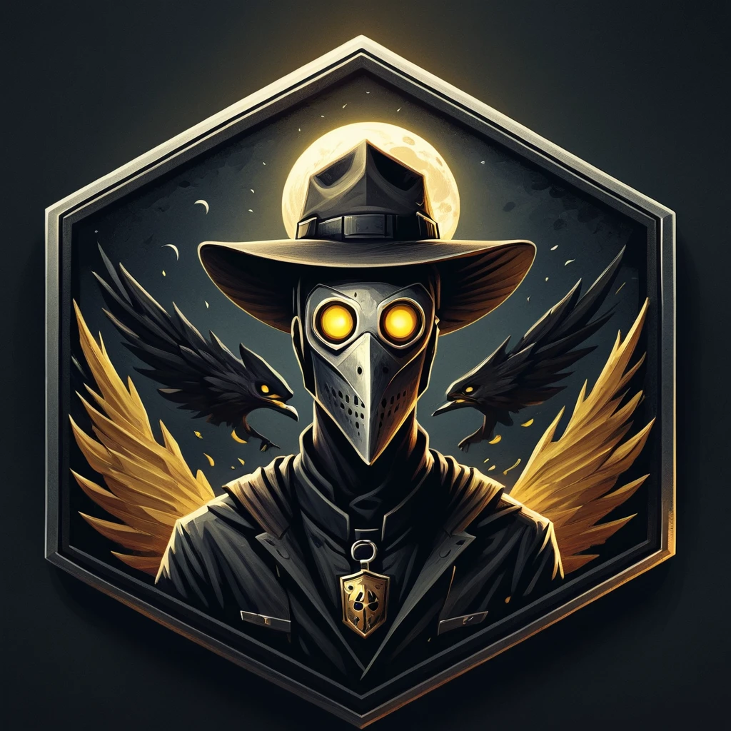 ultra high resolution, detailed, best quality, badgetype,solo badge,counter strike2 type badge,solo,looking at viewer,yellow eyes,1boy,male focus,no humans,mask,glowing,simple background,portrait,straight-on,plague doctor, hat, proportional, noire, full moon in the background