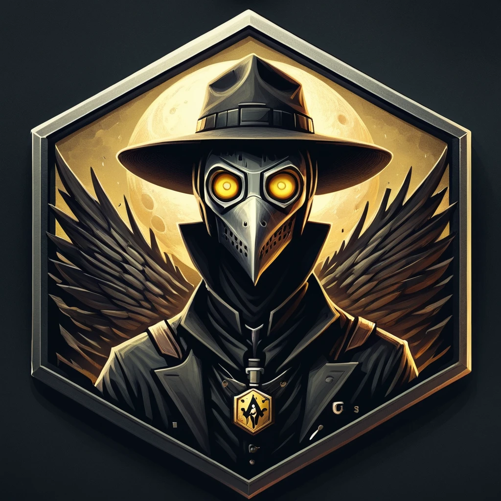 ultra high resolution, detailed, best quality, badgetype,solo badge,counter strike2 type badge,solo,looking at viewer,yellow eyes,1boy,male focus,no humans,mask,glowing,simple background,portrait,straight-on,plague doctor, hat, proportional, noire, full moon in the background