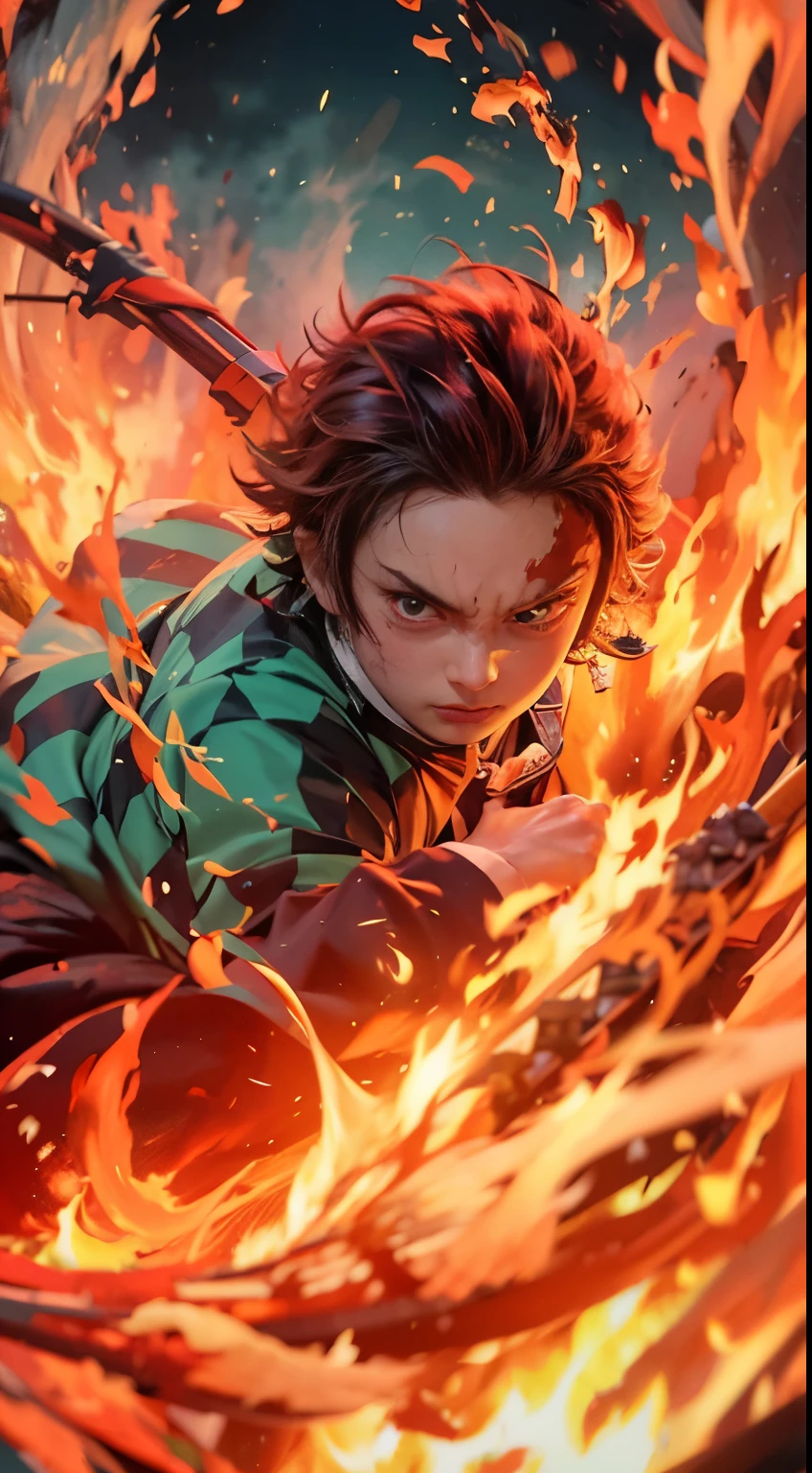 Kamando tanjiro, demon slayer, male, black gradian red hair, red eyes, green black clothes, burn scar on forehead, swinging a sword, angri face, fire effect:1.5, light effect:1.2, beautiful sky:1.2.