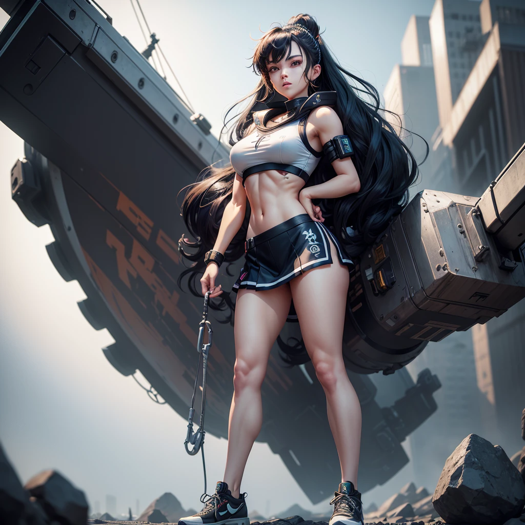 (Tabletop, Highest quality), (Perfect athletic body:1.2), (Fine hair), Very detailed, Anime Style, whole body, alone, cyberpunk sailor girl, with a huge anchor, shaped teeth, Black Hair, Blonde Eyes, Wearing sneakers, Standing in the Wilderness, 8K high resolution, White Background, whole body,