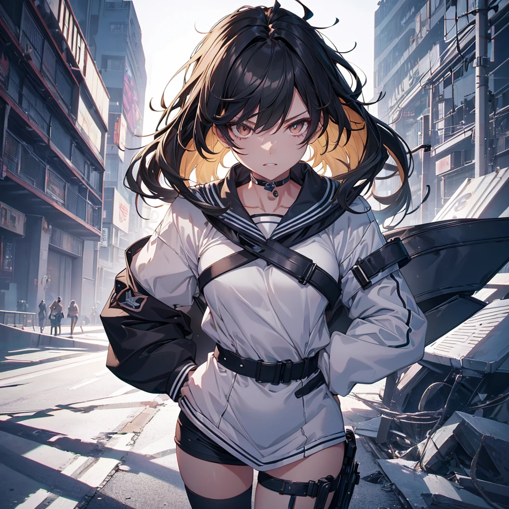 (Tabletop, Highest quality), (Perfect athletic body:1.2), (Fine hair), Very detailed, Anime Style, whole body, alone, cyberpunk sailor girl, with a huge anchor, shaped teeth, Black Hair, Blonde Eyes, Wearing sneakers, Standing in the Wilderness, 8K high resolution, White Background, whole body,