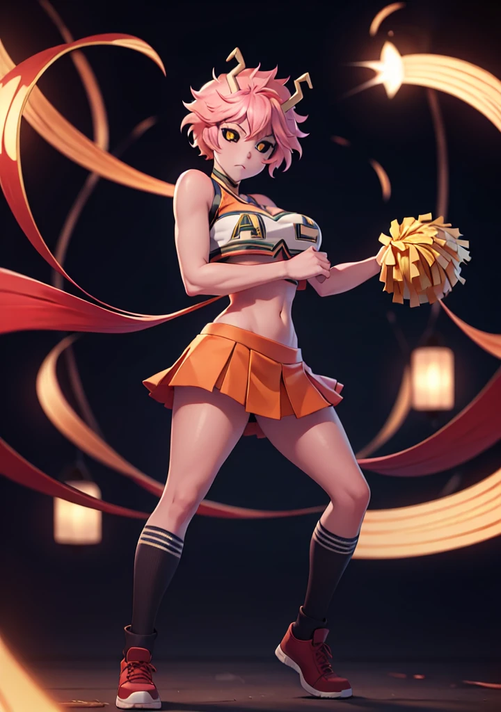 mina ashido, 1girl, solo, looking at viewer, short hair, simple background, yellow eyes, pink hair, horns, colored skin, colored sclera, black sclera, pink skin, U.A. CheerUniform, orange skirt, cheerleader, ((bare belly)), perfect shading, bare shoulders, big breasts