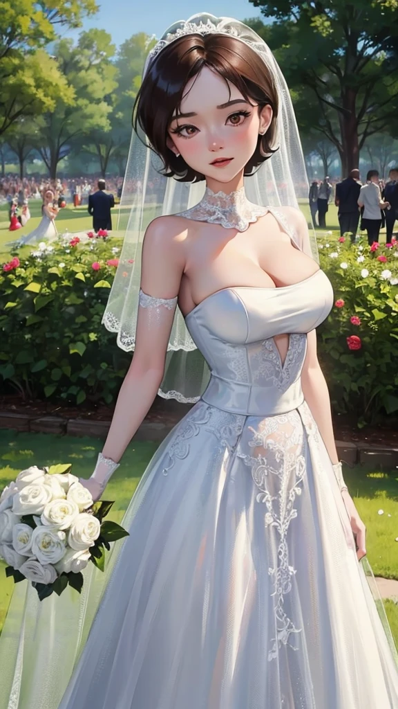 Helen Parr with huge breasts in a micro bra and lace wedding dress with veil and bouquet in a park in New York 