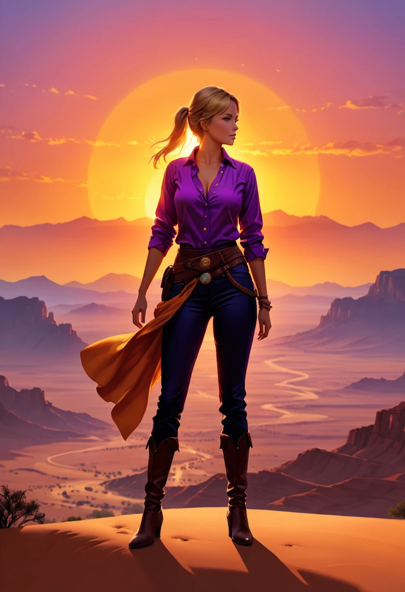 an oil painting of woman cowboy standing on the desert mountain at sunset, watching the desert canyon, an exquisite beautiful woman, most beautiful woman, blond hair, long hair, in a pony tail, ultra detailed face, best detailed face, wearing button shirt, dynamic color, small cleavage, wearing trousers, dynamic color, wearing high heeled boots, (silhouette art: 1.3), sun set, sun rays, sky in shades of purple, red, orange and yellow. vibrant colors of sky, Hyperrealism style, vibrant, Ultra-high resolution, High Contrast, (masterpiece:1.5), highest quality, Best aesthetics), best details, best quality, highres, ultra wide angle, 16k, [ultra detailed], masterpiece, best quality, (extremely detailed) RAW, chumbasket art style, oil painting, silhouette
