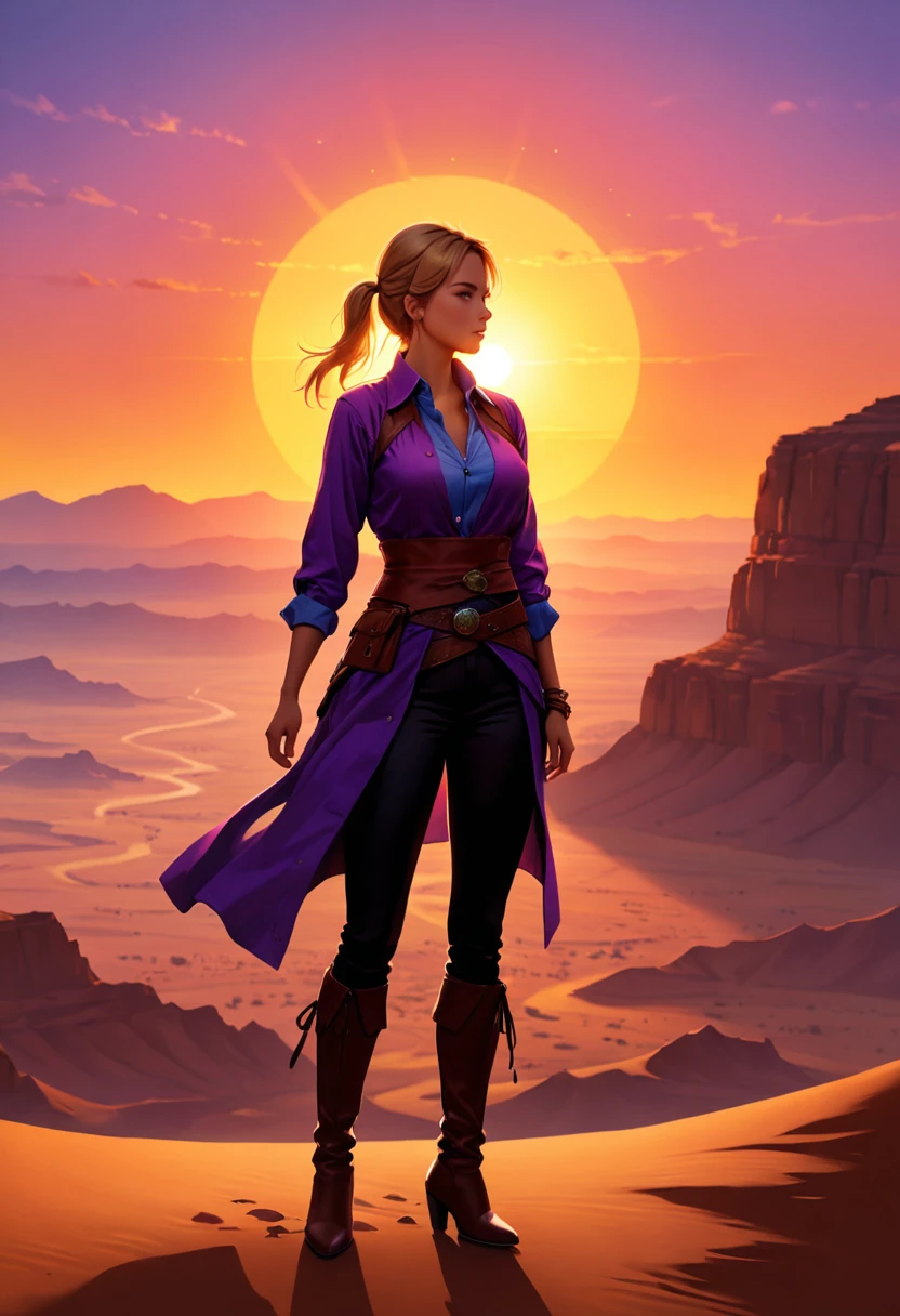 an oil painting of woman cowboy standing on the desert mountain at sunset, watching the desert canyon, an exquisite beautiful woman, most beautiful woman, blond hair, long hair, in a pony tail, ultra detailed face, best detailed face, wearing button shirt, dynamic color, small cleavage, wearing trousers, dynamic color, wearing high heeled boots, (silhouette art: 1.3), sun set, sun rays, sky in shades of purple, red, orange and yellow. vibrant colors of sky, Hyperrealism style, vibrant, Ultra-high resolution, High Contrast, (masterpiece:1.5), highest quality, Best aesthetics), best details, best quality, highres, ultra wide angle, 16k, [ultra detailed], masterpiece, best quality, (extremely detailed) RAW, chumbasket art style, oil painting, silhouette
