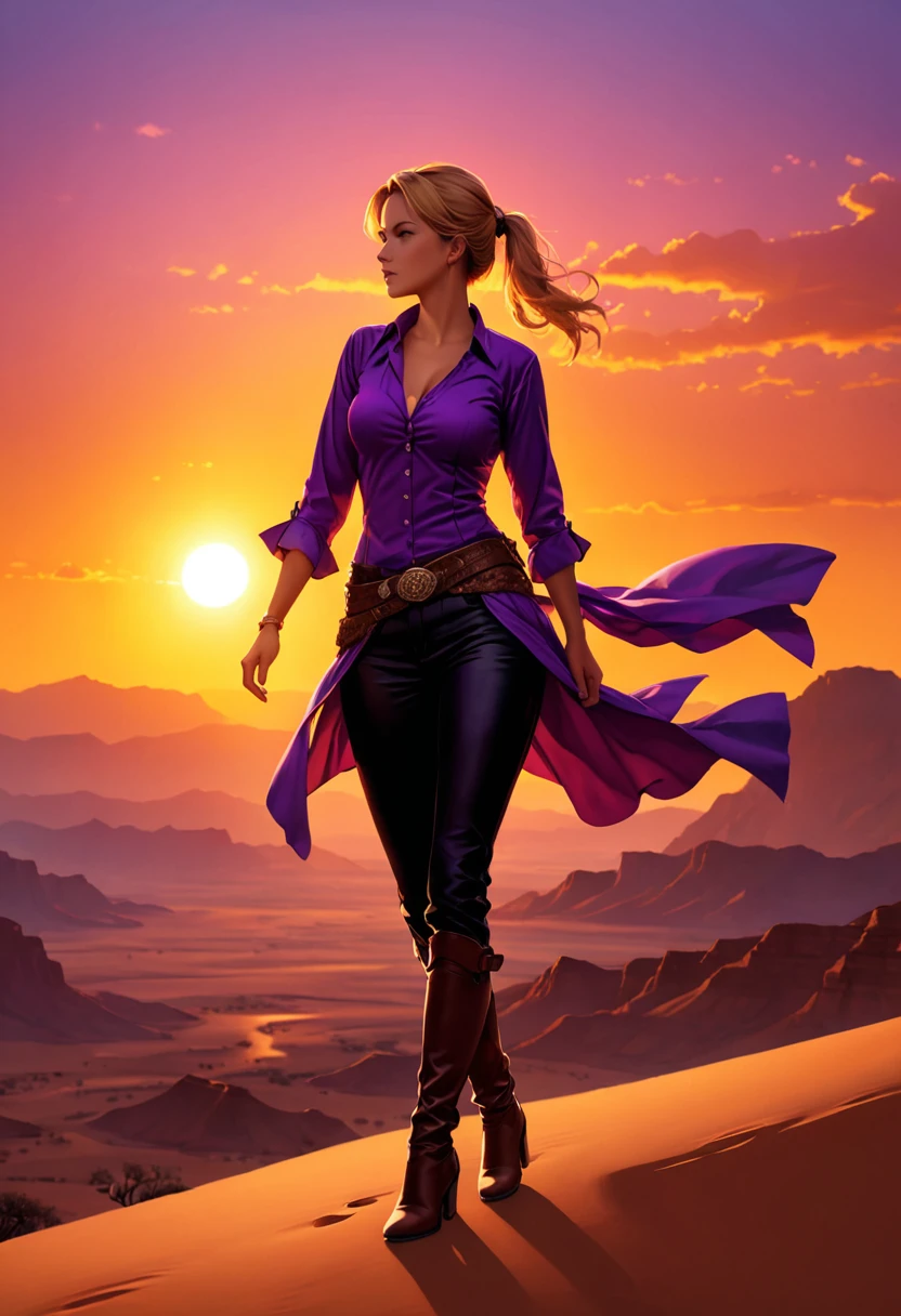 an oil painting of woman cowboy standing on the desert mountain at sunset, watching the desert canyon, an exquisite beautiful woman, most beautiful woman, blond hair, long hair, in a pony tail, ultra detailed face, best detailed face, wearing button shirt, dynamic color, small cleavage, wearing trousers, dynamic color, wearing high heeled boots, (silhouette art: 1.3), sun set, sun rays, sky in shades of purple, red, orange and yellow. vibrant colors of sky, Hyperrealism style, vibrant, Ultra-high resolution, High Contrast, (masterpiece:1.5), highest quality, Best aesthetics), best details, best quality, highres, ultra wide angle, 16k, [ultra detailed], masterpiece, best quality, (extremely detailed) RAW, chumbasket art style, oil painting, silhouette
