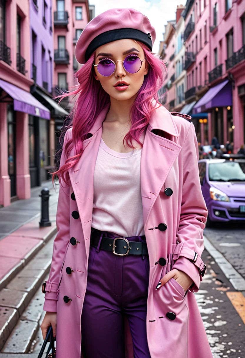 4k, ultra detailed, photorealistic, extremely detailed eyes, fashionable clothing, pink trenchcoat, french beret, black pants with belt, long hair, in the city, pink hair, purple eyes, yae miko, fashionable sunglasses