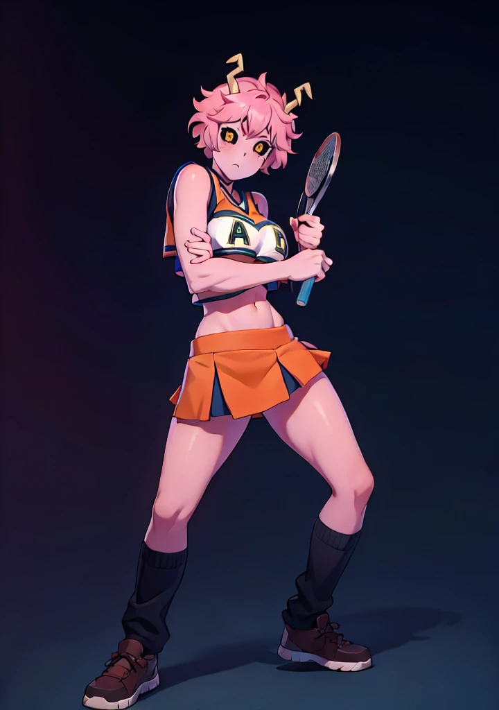 mina ashido, 1girl, solo, looking at viewer, short hair, simple background, yellow eyes, pink hair, horns, colored skin, colored sclera, black sclera, pink skin, U.A. CheerUniform, orange skirt, cheerleader, ((bare belly)), perfect shading, bare shoulders, big breasts