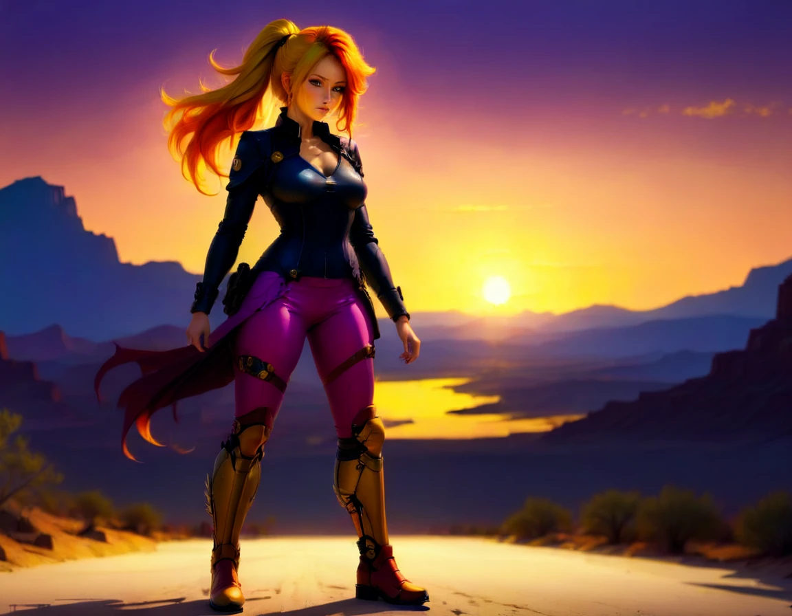 an oil painting of woman cowboy standing on the desert mountain at sunset, watching the desert canyon, an exquisite beautiful woman, most beautiful woman, blond hair, long hair, in a pony tail, ultra detailed face, best detailed face, wearing button shirt, dynamic color, small cleavage, wearing trousers, dynamic color, wearing high heeled boots, (silhouette art: 1.3), she has a lasso, sun set, sun rays, sky in shades of purple, red, orange and yellow. vibrant colors of sky, Hyperrealism style, vibrant, Ultra-high resolution, High Contrast, (masterpiece:1.5), highest quality, Best aesthetics), best details, best quality, highres, ultra wide angle, 16k, [ultra detailed], masterpiece, best quality, (extremely detailed) RAW, chumbasket art style, oil pastel, silhouette
