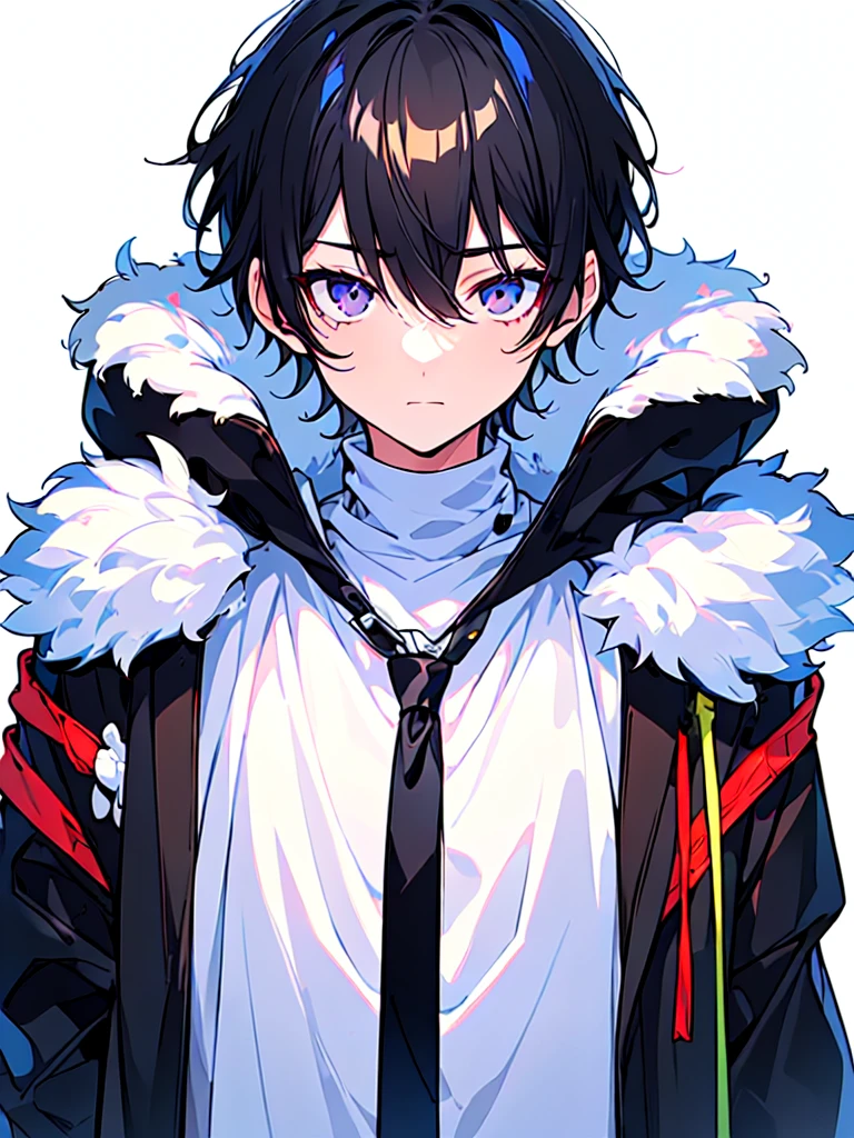 [(WHITE BACKGROUND:1.5),::5], ((((masterpiece)))), high quality, ultra very high resolution, full color, (((solo))), ((little boy)), Black hair, ((White streaked hair)), (Black eyes), anime, ((upper body)), black parka, 