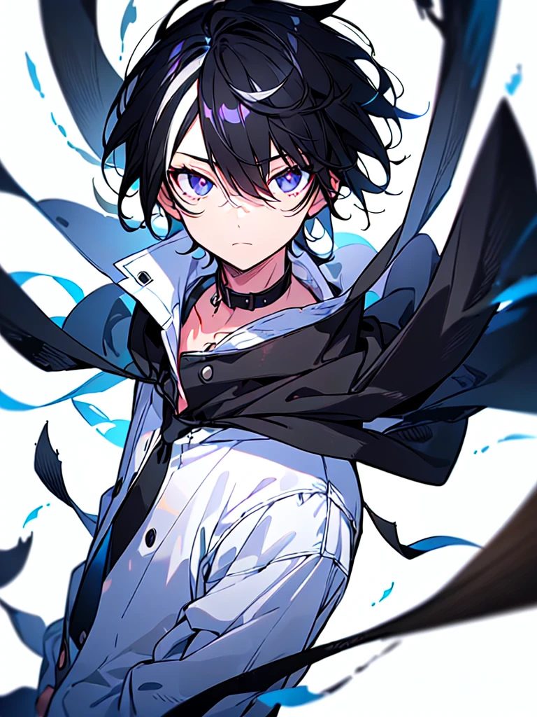 [(WHITE BACKGROUND:1.5),::5], ((((masterpiece)))), high quality, ultra very high resolution, full color, (((solo))), ((little boy)), Black hair, ((White streaked hair)), (Black eyes), anime, ((upper body)), black parka, 