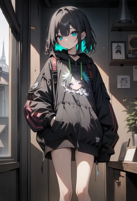 high quality, 最high quality、 Stylish design, (((The cutest girl))), ((Thin legs))、(((最high quality))), High resolution, ((detailed)), ((masterpiece)), ((Super detailed)), 17-year-old girl、((Black Hair,Inner Color))