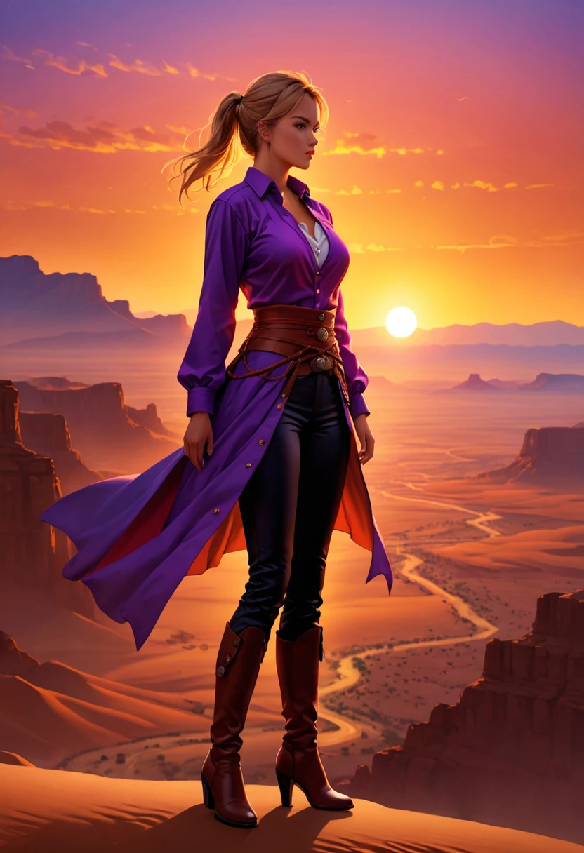 an oil painting of woman cowboy standing on the desert mountain at sunset, watching the desert canyon, an exquisite beautiful woman, most beautiful woman, blond hair, long hair, in a pony tail, ultra detailed face, best detailed face, wearing button shirt, dynamic color, small cleavage, wearing trousers, dynamic color, wearing high heeled boots, (silhouette art: 1.3), she has a (lasso: 1.1) sun set, sun rays, sky in shades of purple, red, orange and yellow. vibrant colors of sky, Hyperrealism style, vibrant, Ultra-high resolution, High Contrast, (masterpiece:1.5), highest quality, Best aesthetics), best details, best quality, highres, ultra wide angle, 16k, [ultra detailed], masterpiece, best quality, (extremely detailed) RAW, chumbasket art style, oil painting, silhouette
