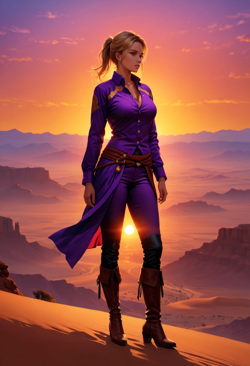 an oil painting of woman cowboy standing on the desert mountain at sunset, watching the desert canyon, an exquisite beautiful woman, most beautiful woman, blond hair, long hair, in a pony tail, ultra detailed face, best detailed face, wearing button shirt, dynamic color, small cleavage, wearing trousers, dynamic color, wearing high heeled boots, (silhouette art: 1.3), she has a (lasso: 1.1) sun set, sun rays, sky in shades of purple, red, orange and yellow. vibrant colors of sky, Hyperrealism style, vibrant, Ultra-high resolution, High Contrast, (masterpiece:1.5), highest quality, Best aesthetics), best details, best quality, highres, ultra wide angle, 16k, [ultra detailed], masterpiece, best quality, (extremely detailed) RAW, chumbasket art style, oil painting, silhouette
