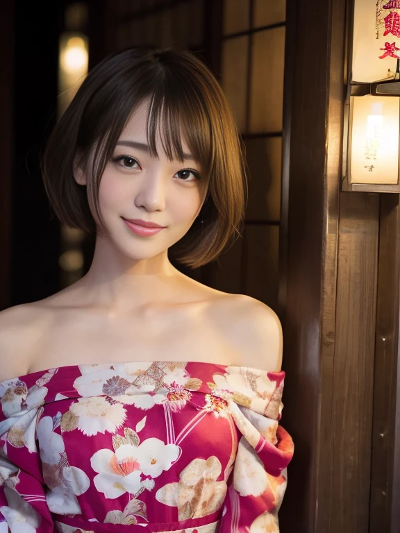 Smiling girl, (1 female), Short Bob Hair, 28 years old, Japanese, Brown eyes, Brown Hair, Slim figure, Flat Chest, (Shocked, surprised, Confused): 1.5,
Off-the-shoulder dress,Izakaya