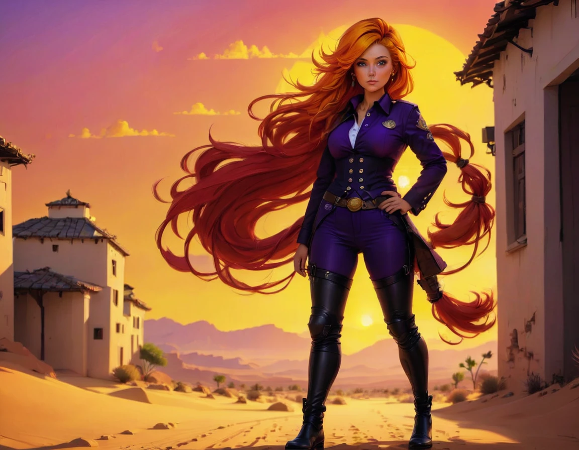 an oil painting of woman cowboy standing on the desert mountain at sunset, watching the desert canyon, an exquisite beautiful woman, most beautiful woman, blond hair, long hair, in a pony tail, ultra detailed face, best detailed face, wearing button shirt, dynamic color, small cleavage, wearing trousers, dynamic color, wearing high heeled boots, (silhouette art: 1.3), she has a lasso, sun set, sun rays, sky in shades of purple, red, orange and yellow. vibrant colors of sky, Hyperrealism style, vibrant, Ultra-high resolution, High Contrast, (masterpiece:1.5), highest quality, Best aesthetics), best details, best quality, highres, ultra wide angle, 16k, [ultra detailed], masterpiece, best quality, (extremely detailed) RAW, chumbasket art style, oil pastel, silhouette
