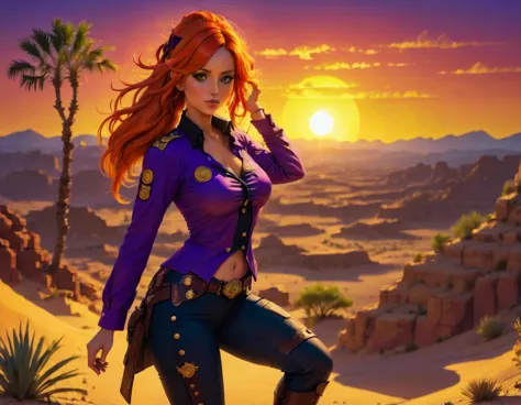 an oil painting of woman cowboy standing on the desert mountain at sunset, watching the desert canyon, an exquisite beautiful wo...