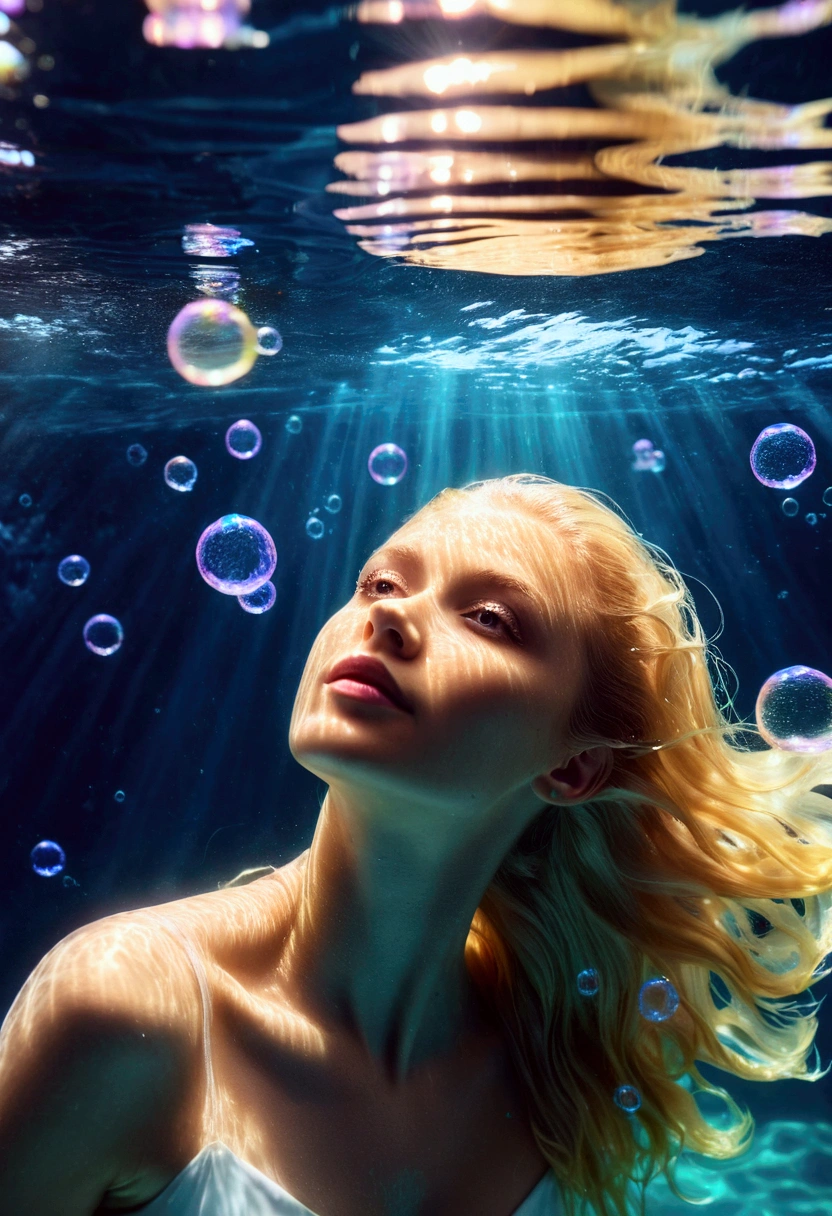 Beautiful underwater made of light, (Beautiful blonde woman made of light looking into underwater camera lens_hair floating on water, Amazing atmosphere surrounded by many bubbles in the water), (Realistic facial details, Floating along the hair flowing in the water), marine life shining underwater, high resolution, Close details, 8k,