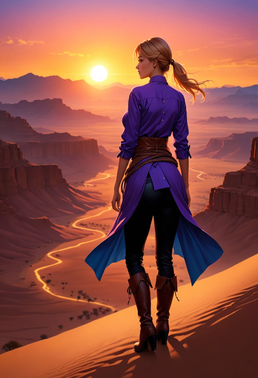 an oil painting of woman cowboy standing on the desert mountain at sunset, watching the desert canyon, an exquisite beautiful woman, most beautiful woman, blond hair, long hair, in a pony tail, ultra detailed face, best detailed face, wearing blue button shirt, dynamic color, small cleavage, wearing black trousers, dynamic color, wearing high heeled boots, (silhouette art: 1.3), she has a (lasso: 1.1) sun set, sun rays, sky in shades of purple, red, orange and yellow. vibrant colors of sky, Hyperrealism style, vibrant, Ultra-high resolution, High Contrast, (masterpiece:1.5), highest quality, Best aesthetics), best details, best quality, highres, ultra wide angle, 16k, [ultra detailed], masterpiece, best quality, (extremely detailed) RAW, chumbasket art style, oil painting, silhouette
