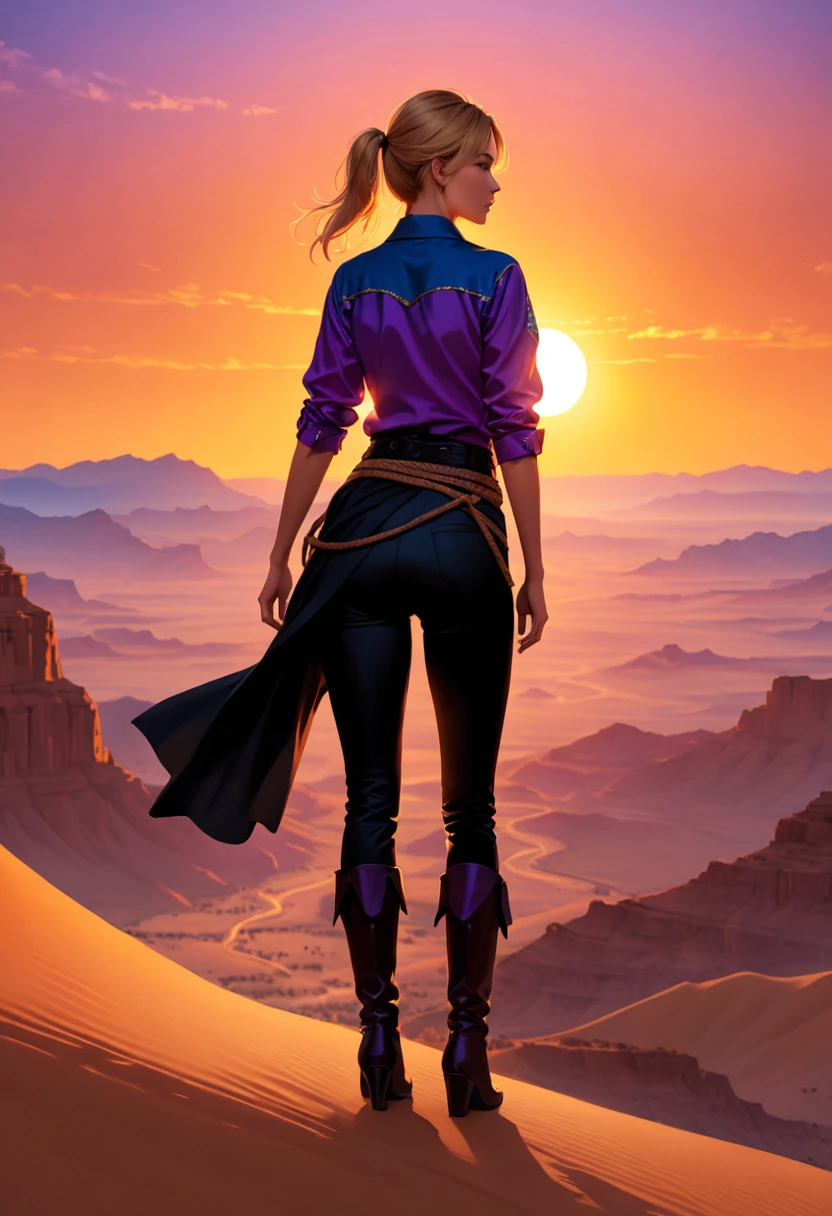 an oil painting of woman cowboy standing on the desert mountain at sunset, watching the desert canyon, an exquisite beautiful woman, most beautiful woman, blond hair, long hair, in a pony tail, ultra detailed face, best detailed face, wearing blue button shirt, dynamic color, small cleavage, wearing black trousers, dynamic color, wearing high heeled boots, (silhouette art: 1.3), she has a (lasso: 1.1) sun set, sun rays, sky in shades of purple, red, orange and yellow. vibrant colors of sky, Hyperrealism style, vibrant, Ultra-high resolution, High Contrast, (masterpiece:1.5), highest quality, Best aesthetics), best details, best quality, highres, ultra wide angle, 16k, [ultra detailed], masterpiece, best quality, (extremely detailed) RAW, chumbasket art style, oil painting, silhouette
