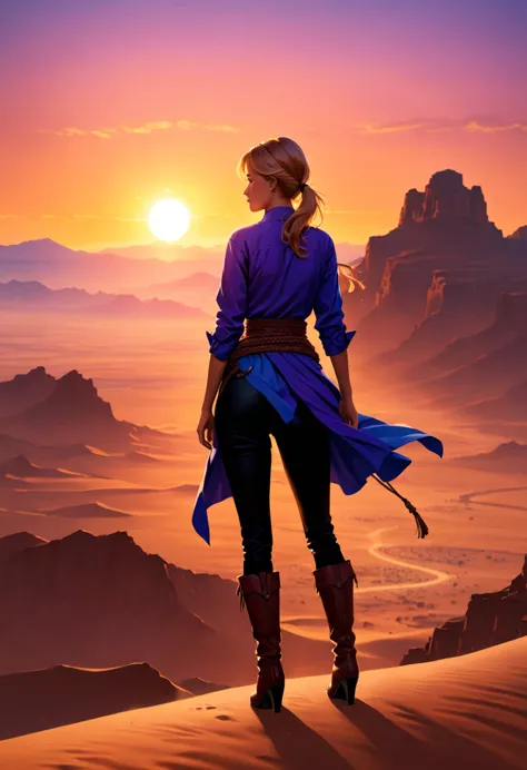 an oil painting of woman cowboy standing on the desert mountain at sunset, watching the desert canyon, an exquisite beautiful wo...