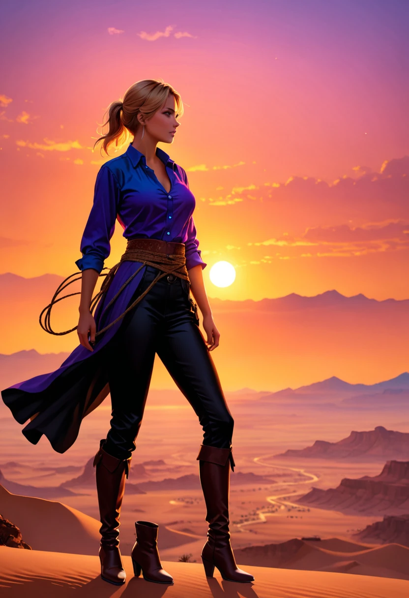 an oil painting of woman cowboy standing on the desert mountain at sunset, watching the desert canyon, an exquisite beautiful woman, most beautiful woman, blond hair, long hair, in a pony tail, ultra detailed face, best detailed face, wearing blue button shirt, dynamic color, small cleavage, wearing black trousers, dynamic color, wearing high heeled boots, (silhouette art: 1.3), she has a (lasso: 1.1) sun set, sun rays, sky in shades of purple, red, orange and yellow. vibrant colors of sky, Hyperrealism style, vibrant, Ultra-high resolution, High Contrast, (masterpiece:1.5), highest quality, Best aesthetics), best details, best quality, highres, ultra wide angle, 16k, [ultra detailed], masterpiece, best quality, (extremely detailed) RAW, chumbasket art style, oil painting, silhouette
