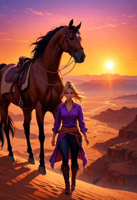 an oil painting of woman cowboy standing on the desert mountain at sunset, watching the desert canyon, an exquisite beautiful wo...