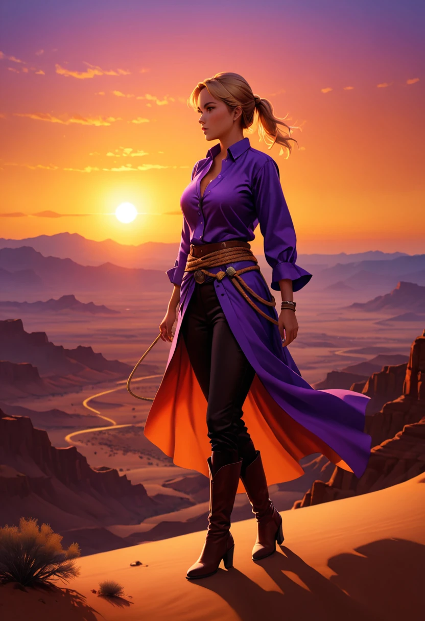 an oil painting of woman cowboy standing on the desert mountain at sunset, watching the desert canyon, an exquisite beautiful woman, most beautiful woman, blond hair, long hair, in a pony tail, ultra detailed face, best detailed face, wearing button shirt, dynamic color, small cleavage, wearing trousers, dynamic color, wearing high heeled boots, (silhouette art: 1.3), she has a (lasso: 1.3) sun set, sun rays, sky in shades of purple, red, orange and yellow. vibrant colors of sky, Hyperrealism style, vibrant, Ultra-high resolution, High Contrast, (masterpiece:1.5), highest quality, Best aesthetics), best details, best quality, highres, ultra wide angle, 16k, [ultra detailed], masterpiece, best quality, (extremely detailed) RAW, chumbasket art style, oil painting, silhouette
