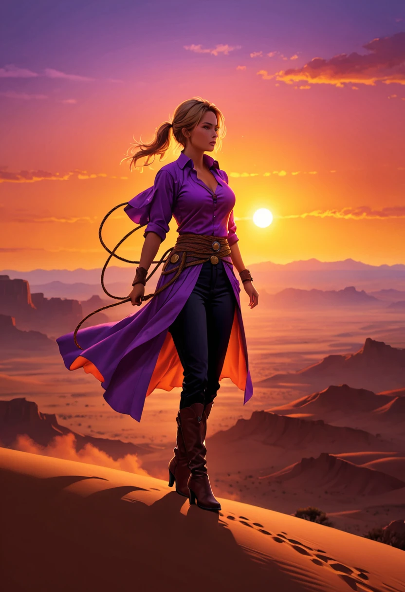 an oil painting of woman cowboy standing on the desert mountain at sunset, watching the desert canyon, an exquisite beautiful woman, most beautiful woman, blond hair, long hair, in a pony tail, ultra detailed face, best detailed face, wearing button shirt, dynamic color, small cleavage, wearing trousers, dynamic color, wearing high heeled boots, (silhouette art: 1.3), she has a (lasso: 1.3) sun set, sun rays, sky in shades of purple, red, orange and yellow. vibrant colors of sky, Hyperrealism style, vibrant, Ultra-high resolution, High Contrast, (masterpiece:1.5), highest quality, Best aesthetics), best details, best quality, highres, ultra wide angle, 16k, [ultra detailed], masterpiece, best quality, (extremely detailed) RAW, chumbasket art style, oil painting, silhouette
