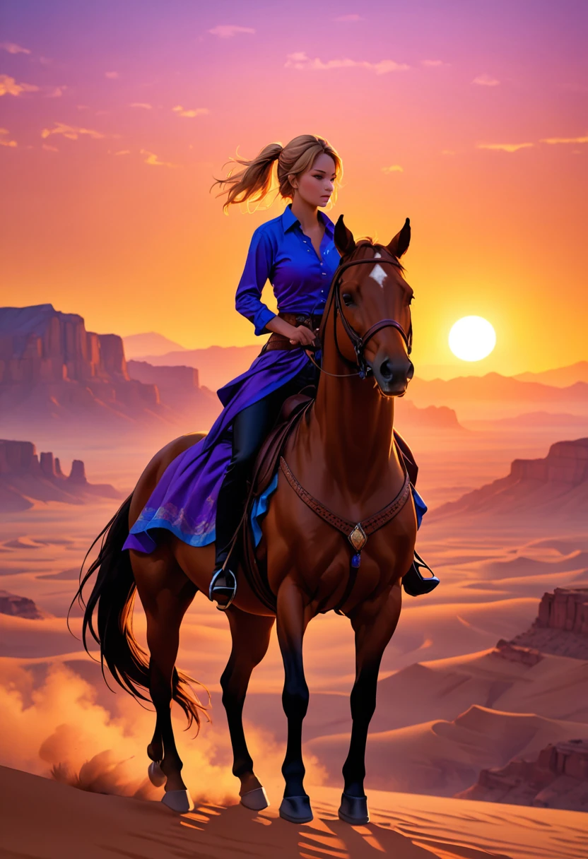 an oil painting of woman cowboy riding a horse on the desert mountain at sunset, watching the desert canyon, an exquisite beautiful woman, most beautiful woman, blond hair, long hair, in a pony tail, ultra detailed face, best detailed face, wearing blue button shirt, small cleavage, wearing black trousers, dynamic color, wearing high heeled boots, (silhouette art: 1.3), she has a (lasso: 1.1) sun set, sun rays, sky in shades of purple, red, orange and yellow. vibrant colors of sky, Hyperrealism style, vibrant, Ultra-high resolution, High Contrast, (masterpiece:1.5), highest quality, Best aesthetics), best details, best quality, highres, ultra wide angle, 16k, [ultra detailed], masterpiece, best quality, (extremely detailed) RAW, chumbasket art style, oil painting, silhouette
