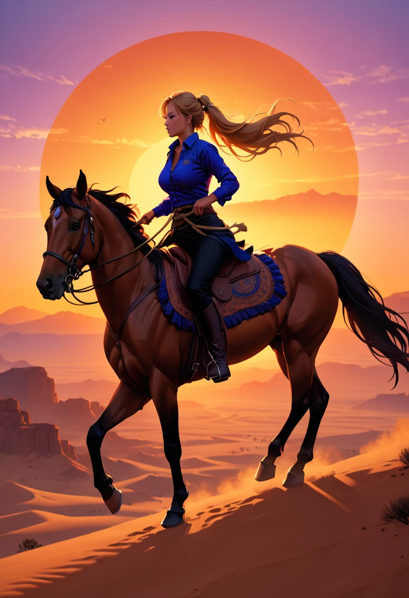 an oil painting of woman cowboy riding a horse on the desert mountain at sunset, watching the desert canyon, an exquisite beautiful woman, most beautiful woman, blond hair, long hair, in a pony tail, ultra detailed face, best detailed face, wearing blue button shirt, small cleavage, wearing black trousers, dynamic color, wearing high heeled boots, (silhouette art: 1.3), she has a (lasso: 1.1) sun set, sun rays, sky in shades of purple, red, orange and yellow. vibrant colors of sky, Hyperrealism style, vibrant, Ultra-high resolution, High Contrast, (masterpiece:1.5), highest quality, Best aesthetics), best details, best quality, highres, ultra wide angle, 16k, [ultra detailed], masterpiece, best quality, (extremely detailed) RAW, chumbasket art style, oil painting, silhouette
