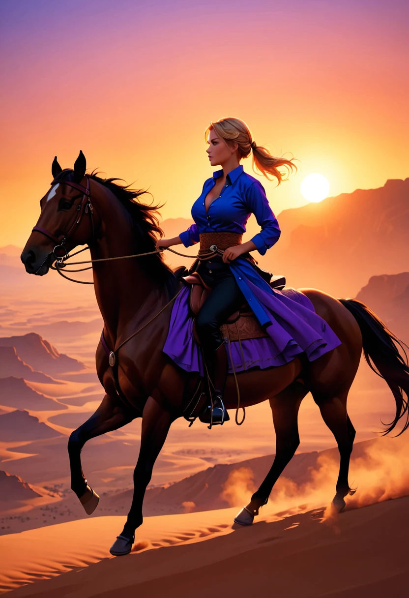 an oil painting of woman cowboy riding a horse on the desert mountain at sunset, watching the desert canyon, an exquisite beautiful woman, most beautiful woman, blond hair, long hair, in a pony tail, ultra detailed face, best detailed face, wearing blue button shirt, small cleavage, wearing black trousers, dynamic color, wearing high heeled boots, (silhouette art: 1.3), she has a (lasso: 1.1) sun set, sun rays, sky in shades of purple, red, orange and yellow. vibrant colors of sky, Hyperrealism style, vibrant, Ultra-high resolution, High Contrast, (masterpiece:1.5), highest quality, Best aesthetics), best details, best quality, highres, ultra wide angle, 16k, [ultra detailed], masterpiece, best quality, (extremely detailed) RAW, chumbasket art style, oil painting, silhouette
