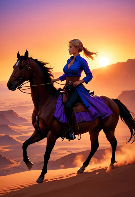 an oil painting of woman cowboy riding a horse on the desert mountain at sunset, watching the desert canyon, an exquisite beauti...