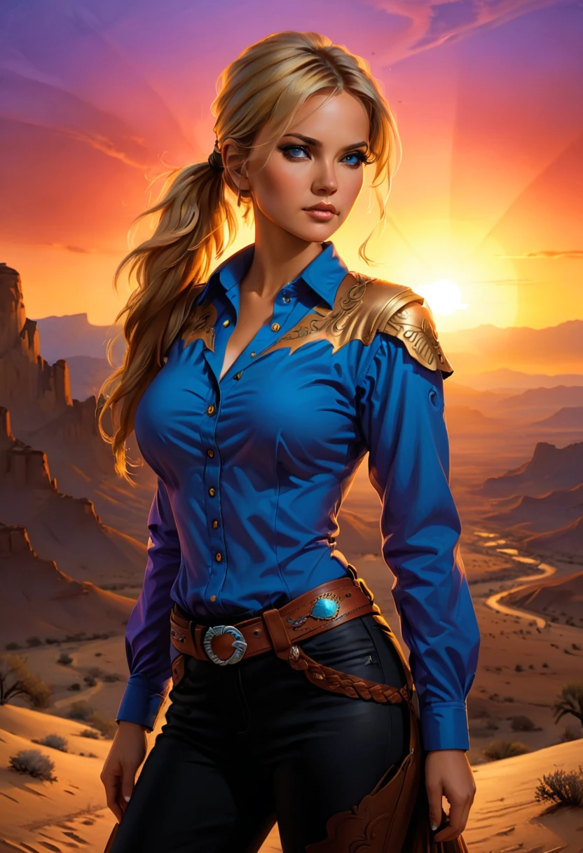 an oil painting of woman cowboy standing on the desert mountain at sunset, watching the desert canyon, an exquisite beautiful woman, most beautiful woman, blond hair, long hair, in a pony tail, ultra detailed face, best detailed face, wearing blue button shirt, dynamic color, small cleavage, wearing black trousers, dynamic color, wearing high heeled boots, (silhouette art: 1.3), she has a (lasso: 1.1) sun set, sun rays, sky in shades of purple, red, orange and yellow. vibrant colors of sky, Hyperrealism style, vibrant, Ultra-high resolution, High Contrast, (masterpiece:1.5), highest quality, Best aesthetics), best details, best quality, highres, ultra wide angle, 16k, [ultra detailed], masterpiece, best quality, (extremely detailed) RAW, chumbasket art style, oil painting, silhouette
