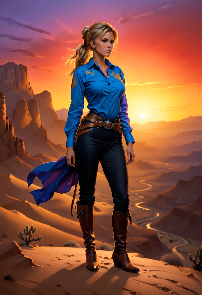 an oil painting of woman cowboy standing on the desert mountain at sunset, watching the desert canyon, an exquisite beautiful woman, most beautiful woman, blond hair, long hair, in a pony tail, ultra detailed face, best detailed face, wearing blue button shirt, dynamic color, small cleavage, wearing black trousers, dynamic color, wearing high heeled boots, (silhouette art: 1.3), she has a (lasso: 1.1) sun set, sun rays, sky in shades of purple, red, orange and yellow. vibrant colors of sky, Hyperrealism style, vibrant, Ultra-high resolution, High Contrast, (masterpiece:1.5), highest quality, Best aesthetics), best details, best quality, highres, ultra wide angle, 16k, [ultra detailed], masterpiece, best quality, (extremely detailed) RAW, chumbasket art style, oil painting, silhouette
