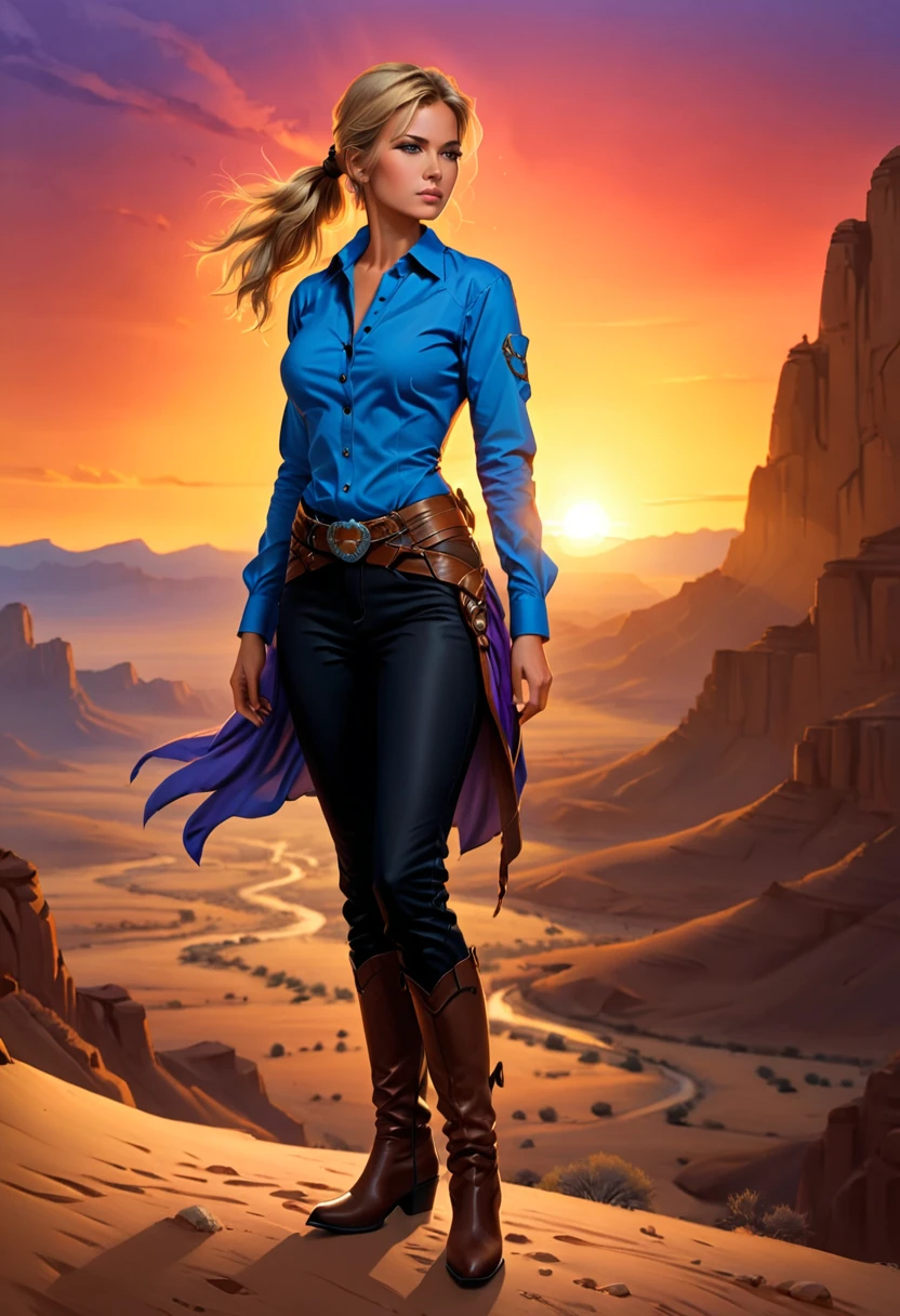 an oil painting of woman cowboy standing on the desert mountain at sunset, watching the desert canyon, an exquisite beautiful woman, most beautiful woman, blond hair, long hair, in a pony tail, ultra detailed face, best detailed face, wearing blue button shirt, dynamic color, small cleavage, wearing black trousers, dynamic color, wearing high heeled boots, (silhouette art: 1.3), she has a (lasso: 1.1) sun set, sun rays, sky in shades of purple, red, orange and yellow. vibrant colors of sky, Hyperrealism style, vibrant, Ultra-high resolution, High Contrast, (masterpiece:1.5), highest quality, Best aesthetics), best details, best quality, highres, ultra wide angle, 16k, [ultra detailed], masterpiece, best quality, (extremely detailed) RAW, chumbasket art style, oil painting, silhouette
