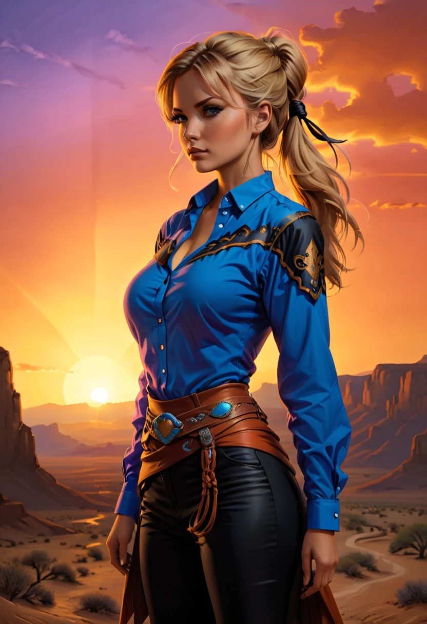 an oil painting of woman cowboy standing on the desert mountain at sunset, watching the desert canyon, an exquisite beautiful woman, most beautiful woman, blond hair, long hair, in a pony tail, ultra detailed face, best detailed face, wearing blue button shirt, dynamic color, small cleavage, wearing black trousers, dynamic color, wearing high heeled boots, (silhouette art: 1.3), she has a (lasso: 1.1) sun set, sun rays, sky in shades of purple, red, orange and yellow. vibrant colors of sky, Hyperrealism style, vibrant, Ultra-high resolution, High Contrast, (masterpiece:1.5), highest quality, Best aesthetics), best details, best quality, highres, ultra wide angle, 16k, [ultra detailed], masterpiece, best quality, (extremely detailed) RAW, chumbasket art style, oil painting, silhouette
