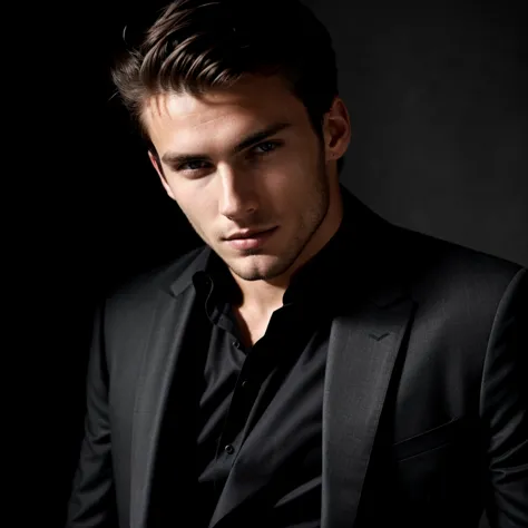 attractive male model in a dark theme, posing for a fashion magazine, elegant, shot of just his face, looking to the camera,