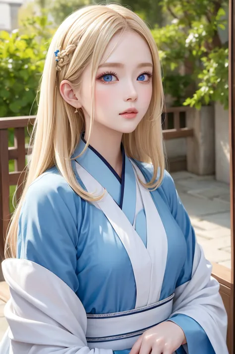(masterpiece), High resolution hanfu woman, European and American face, Perfect Face, Long blonde hair, blue eyes, So adorable.