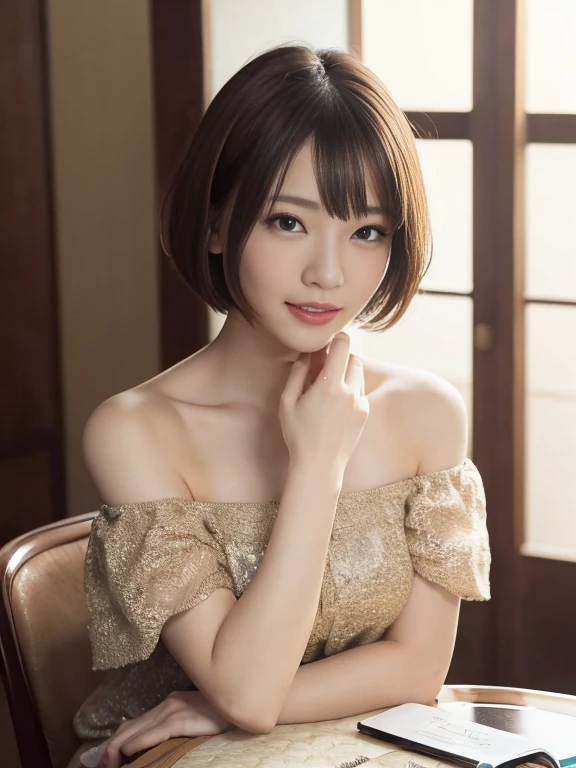 Smiling girl, (1 female), Short Bob Hair, 28 years old, Japanese, Brown eyes, Brown Hair, Slim figure, Flat Chest, (Shocked, surprised, Confused): 1.5,
Off-the-shoulder dress,Inside the room、Sitting in a chair、table