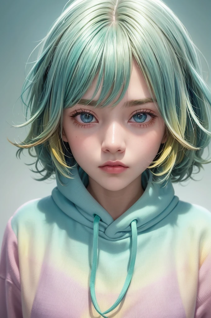 One girl, alone, alone focus, Cowboy Shot, Portraiture, Oversized hoodie, Aqua green and white hoodie, Half light blue, Half Green, ((Brown Hair)), (Yellow Hair), (Gradient Hair :1.5), Curly Hair, ((Pink Eyes)), Ultra-detailed eyes, Sunburn, (Caramel black skin:1.1), Highest quality, Very detailed, White Background, Simple Background