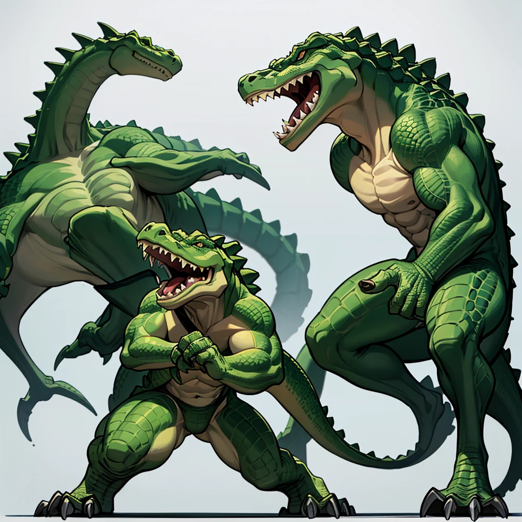 (Full body character concept、group)、Best illustrations、Best Quality、((((No humans)))), reptiles,, green body, Crocodile human, Muscular,、Combat Stance、(Crocodile scales)、front、(White background)