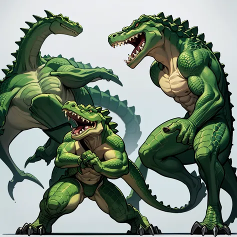 (full body character concept、group)、best illustrations、best quality、((((no humans)))), reptiles,, green body, crocodile human, m...